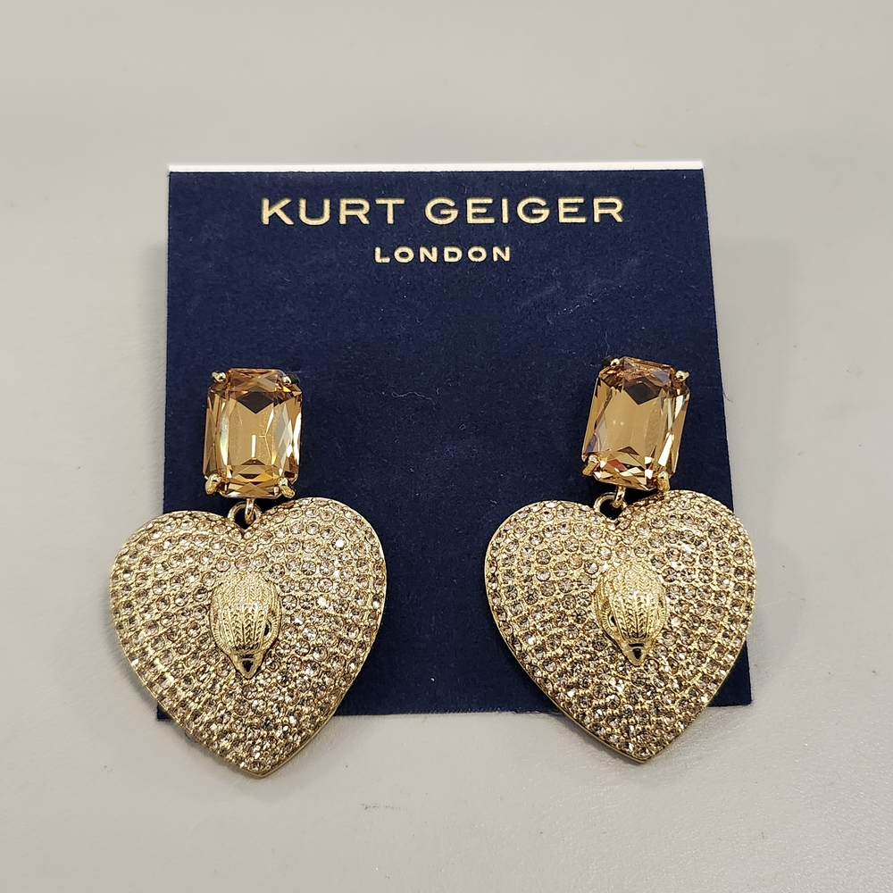 NWT Kurt Geiger Gold-Tone Pave Heart Drop Earrings